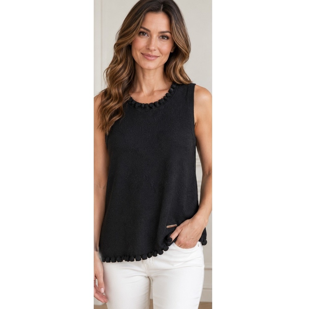 Elie Tahari Women's L Elie Black Sleeveless Knit Sweater Tank Top Ruffle Trim